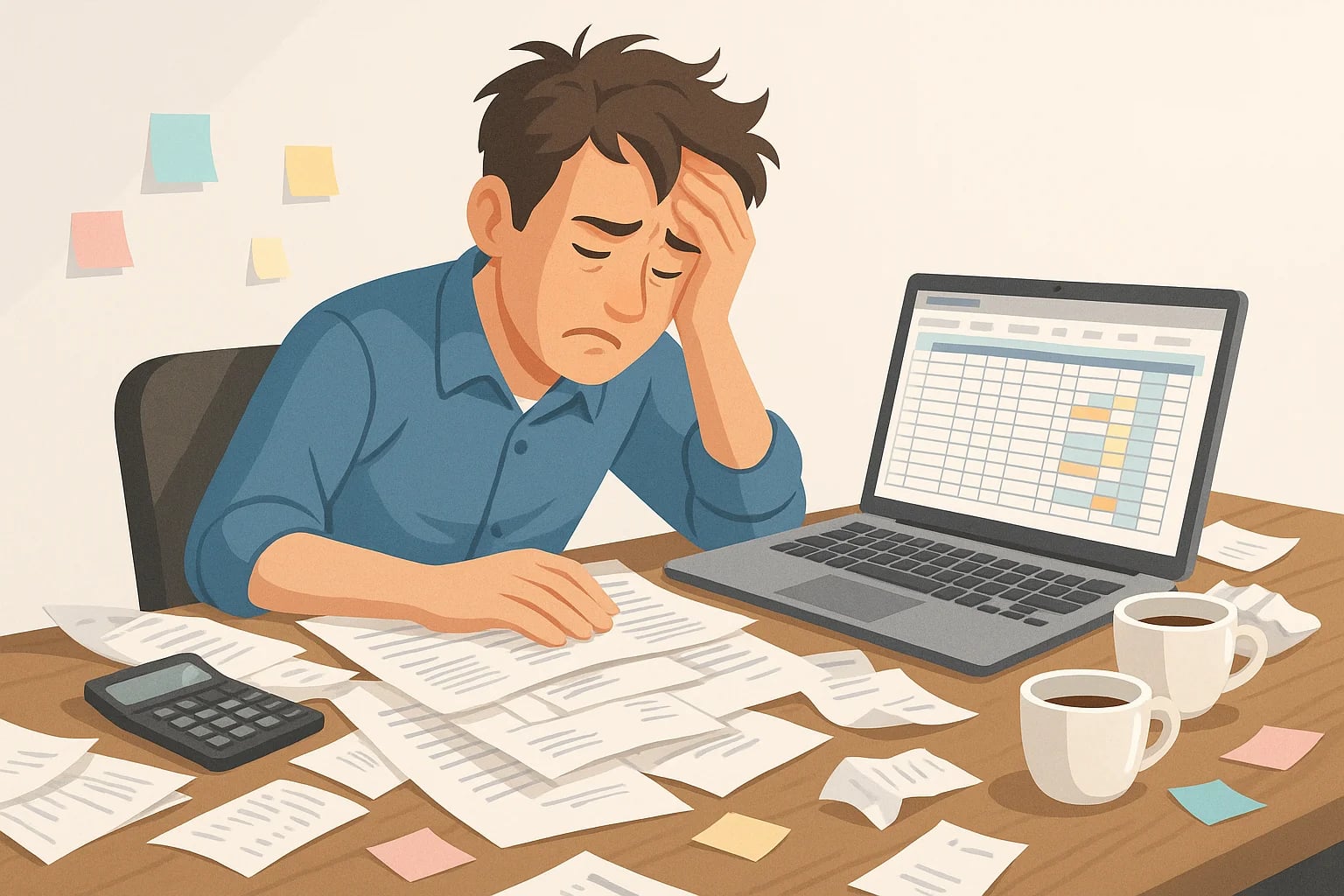 Frustrated man sitting in front of a mess of bills