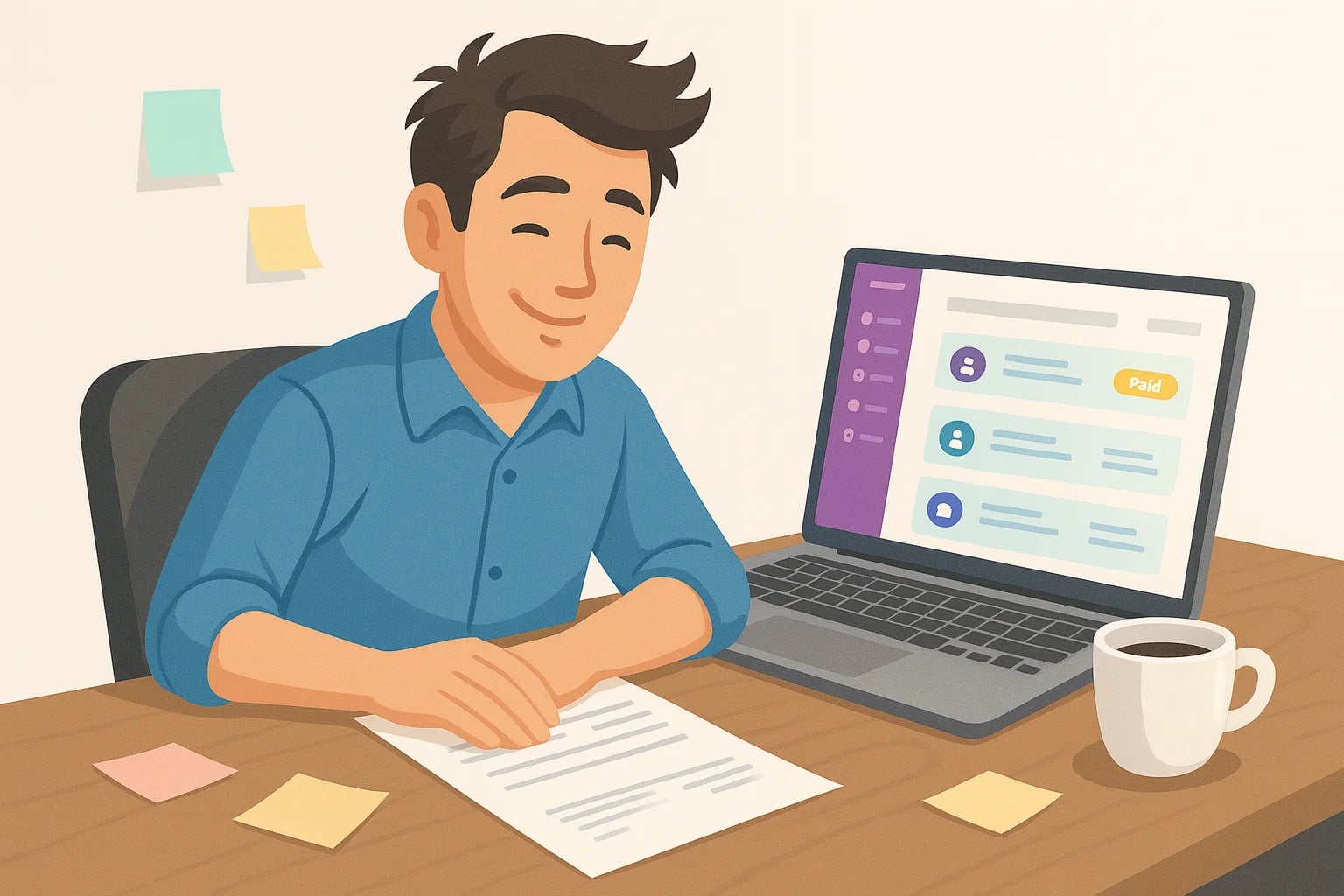 Happy man sitting in front of a clean desk and no bill mess